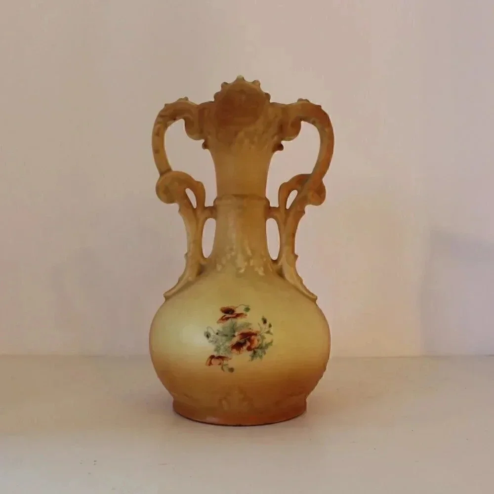Vtg  1965 Porcelain Victorian Double Handle Trophy Vase W/ Flowers  & Gold Trim